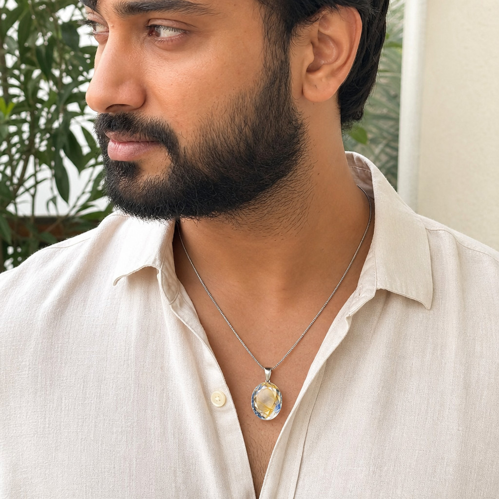 Peetambari Neelam man wearing gemstone pendant