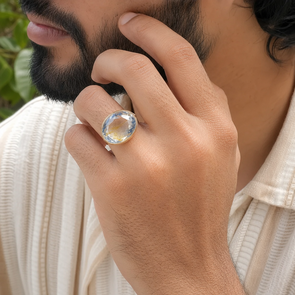 Peetambari Neelam man wearing gemstone ring