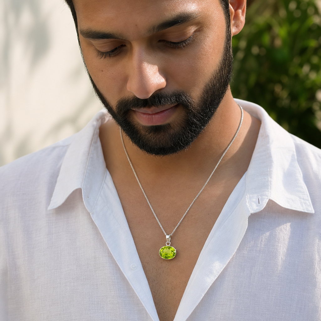 Peridot man wearing gemstone pendant