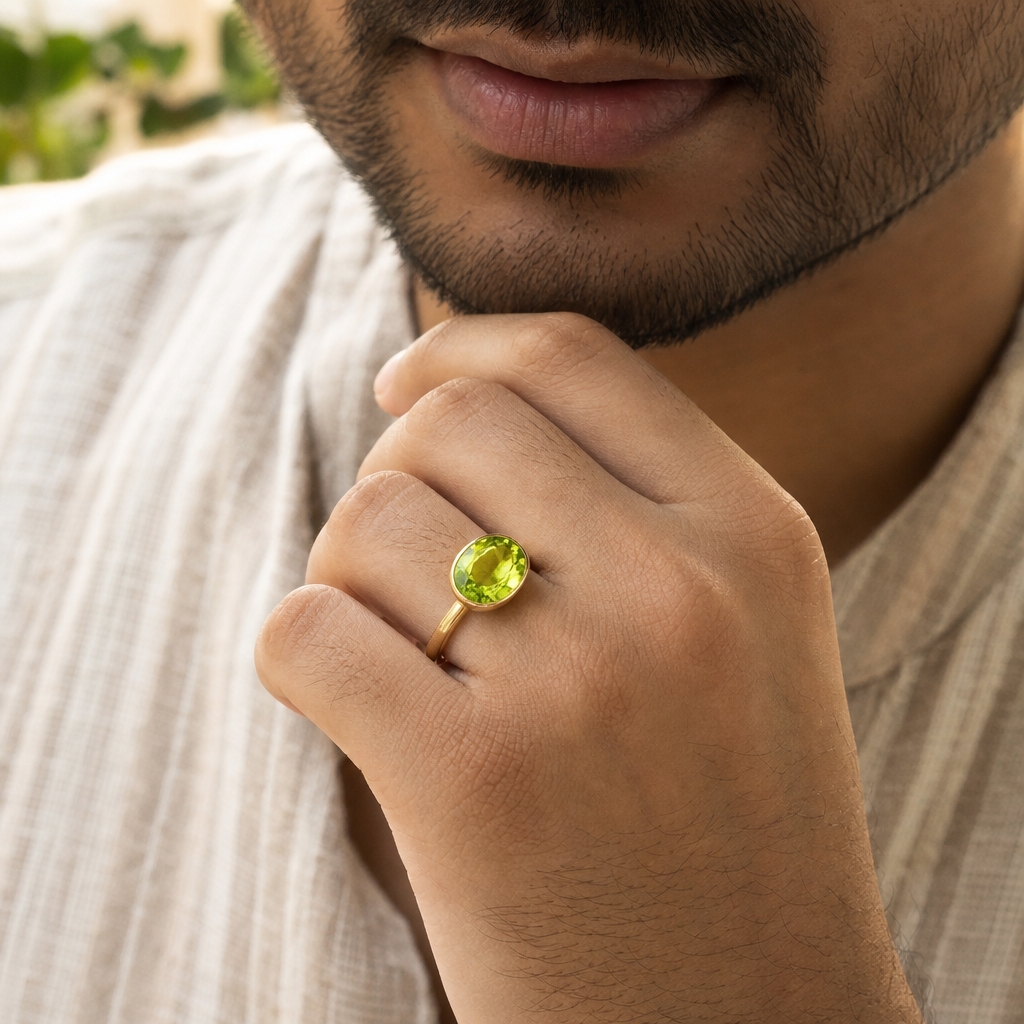 Peridot man wearing gemstone ring