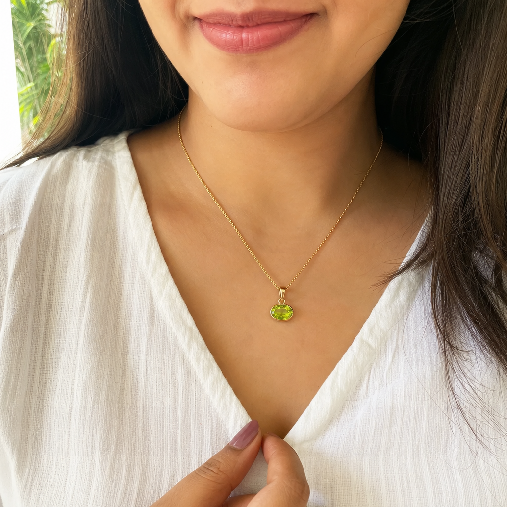 Peridot woman wearing gemstone pendant