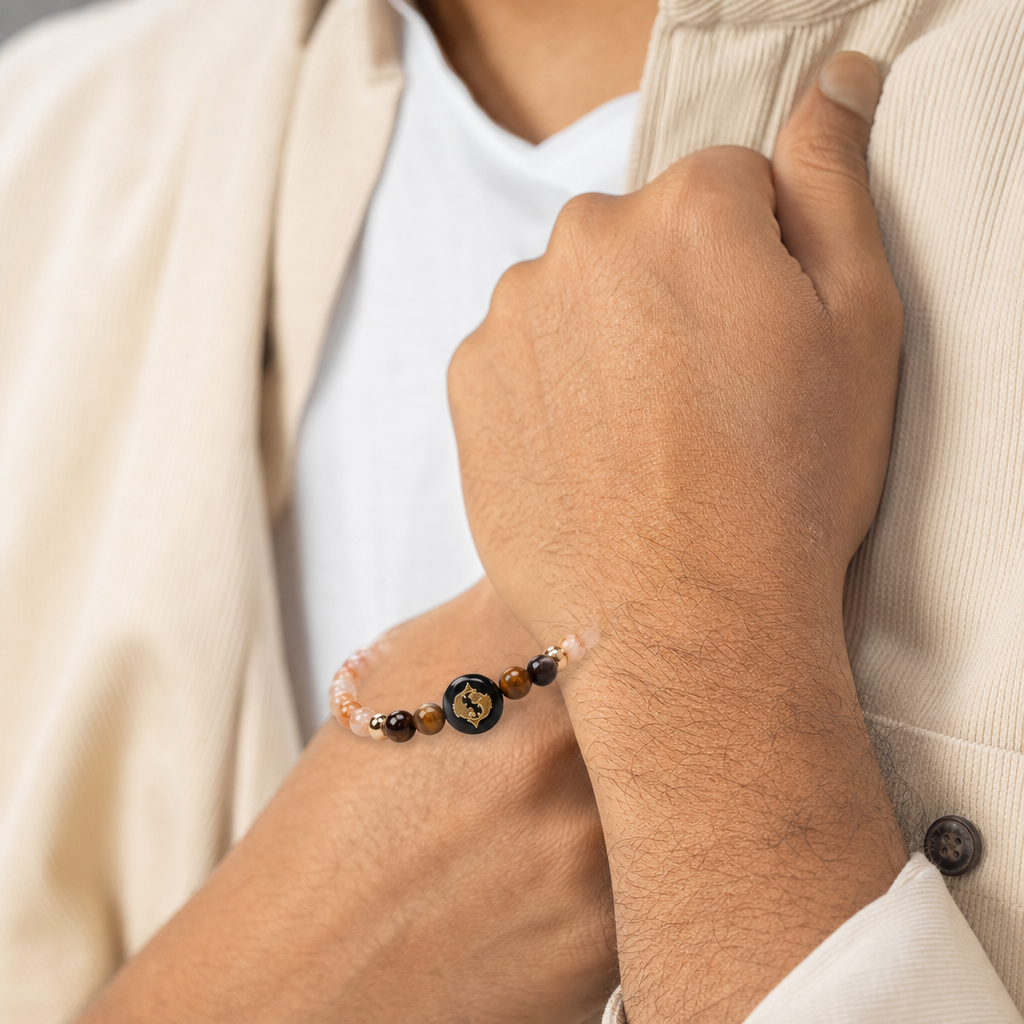 Man wearing Pisces (मीन राशि) Zodiac Citrine & Tiger Eye Bracelet for Women