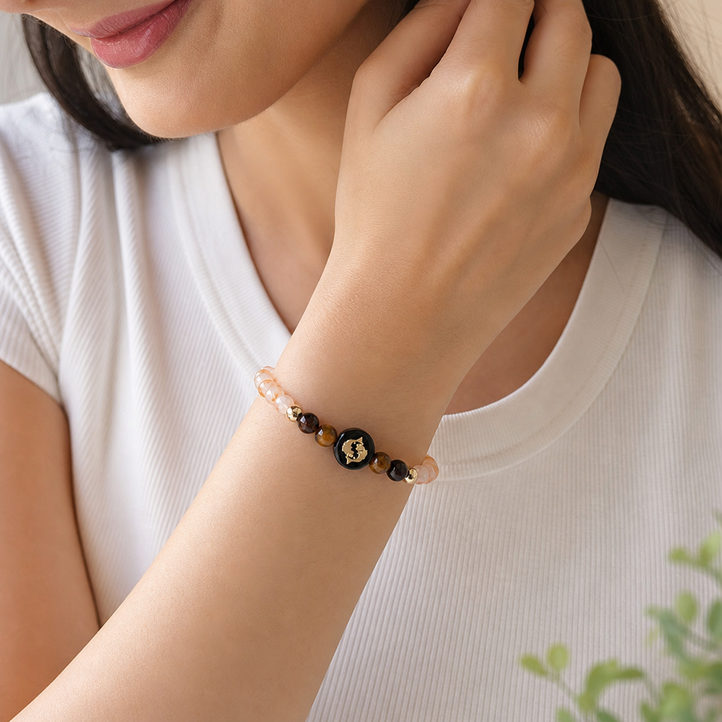 Woman wearing Pisces (मीन राशि) Zodiac Citrine & Tiger Eye Bracelet for Women