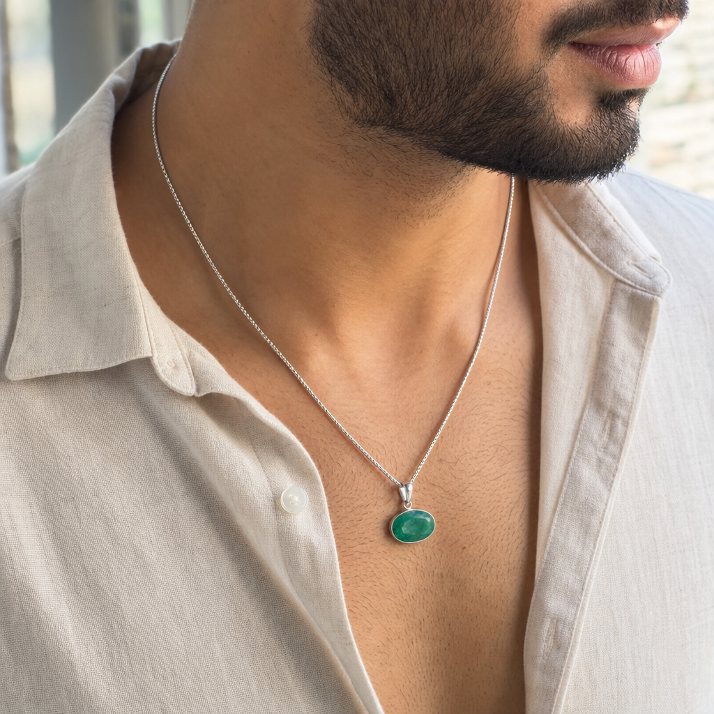 Premium Emerald man wearing gemstone pendant