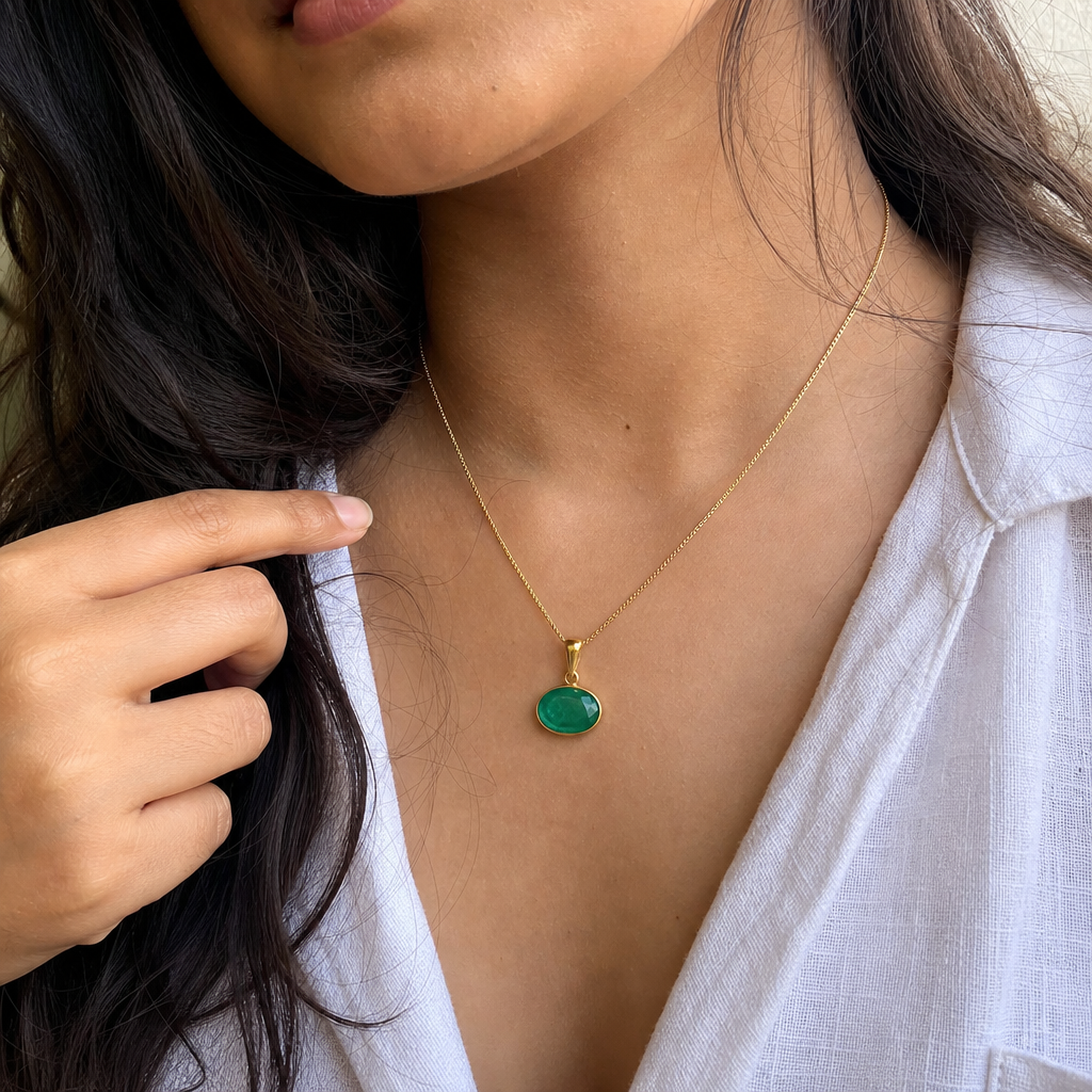 Premium Emerald woman wearing gemstone pendant
