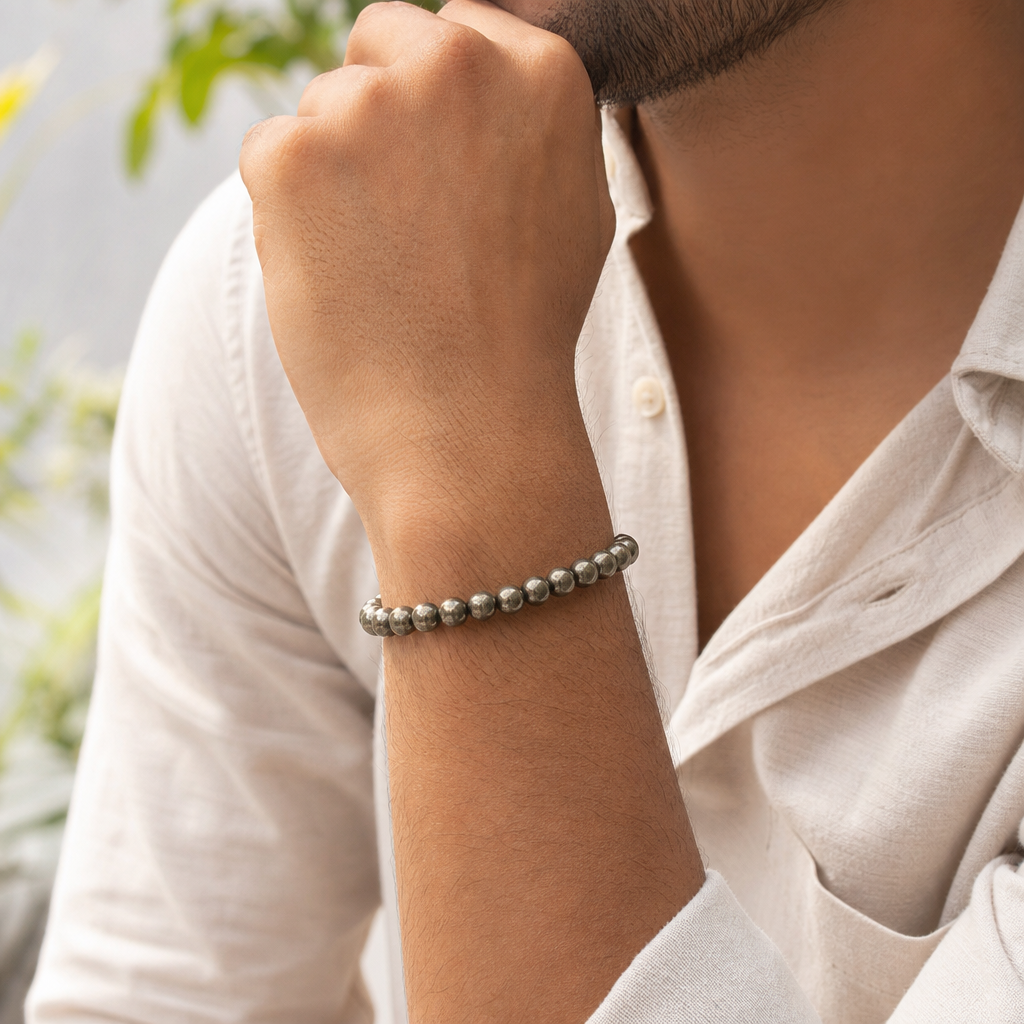 Man wearing Raw Pyrite Bracelet (Women - 6mm Beads)