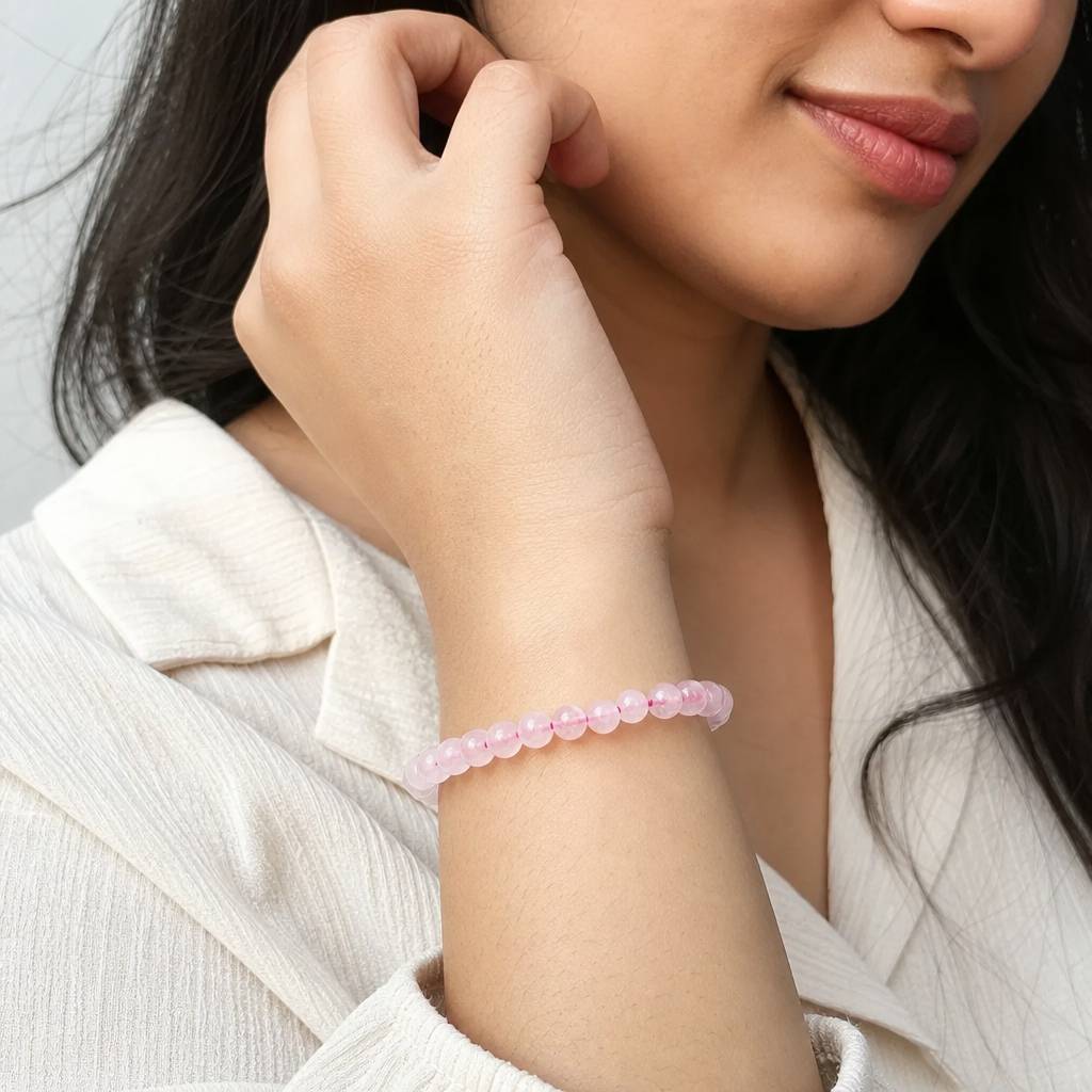 Woman wearing Rose Quartz Bracelet (Women - 6mm Beads)