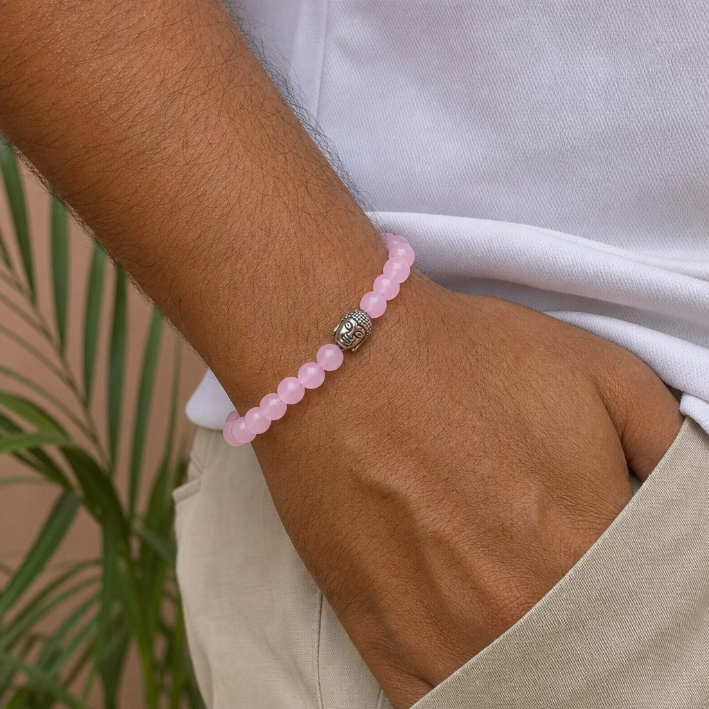 Man wearing Rose Quartz Bracelet with Buddha