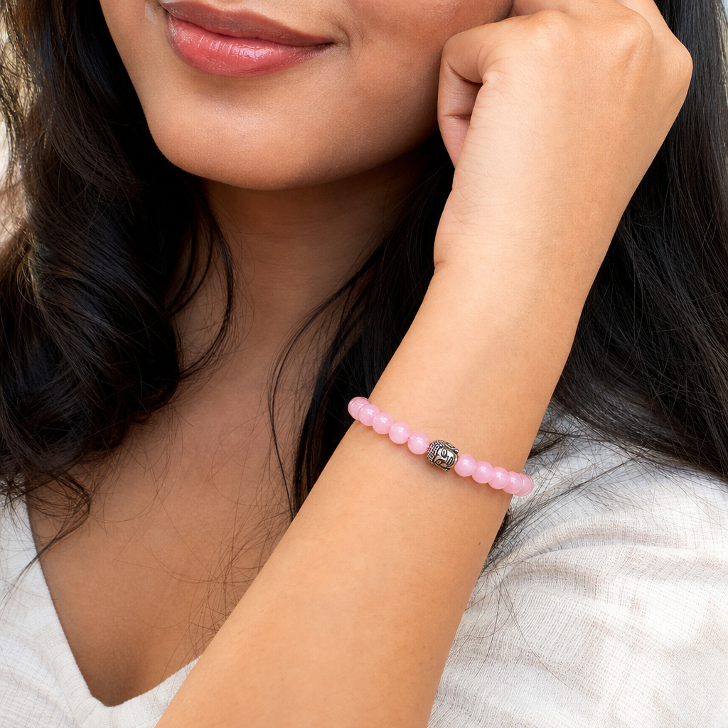 Woman wearing Rose Quartz Bracelet with Buddha