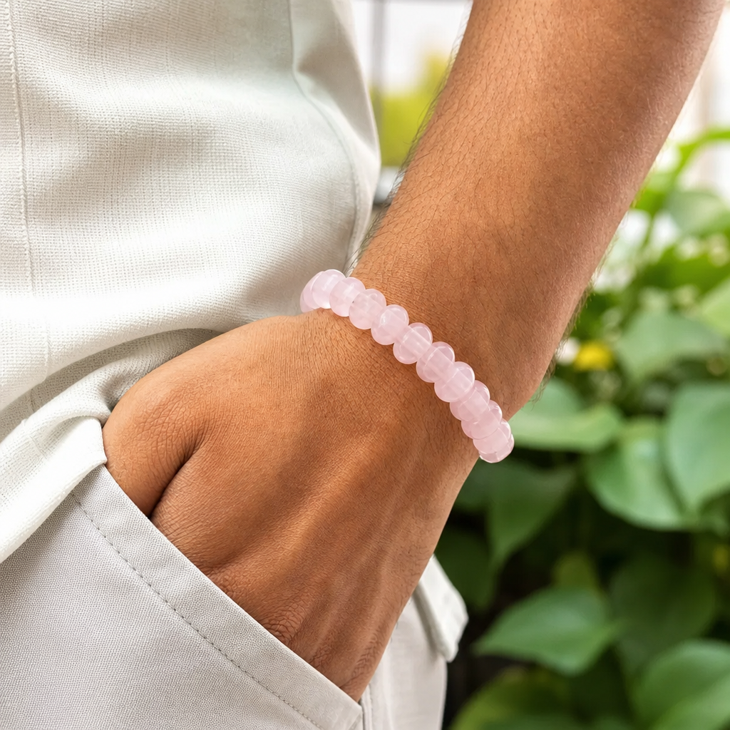 Man wearing Rose Quartz Flat-Beaded Bracelet