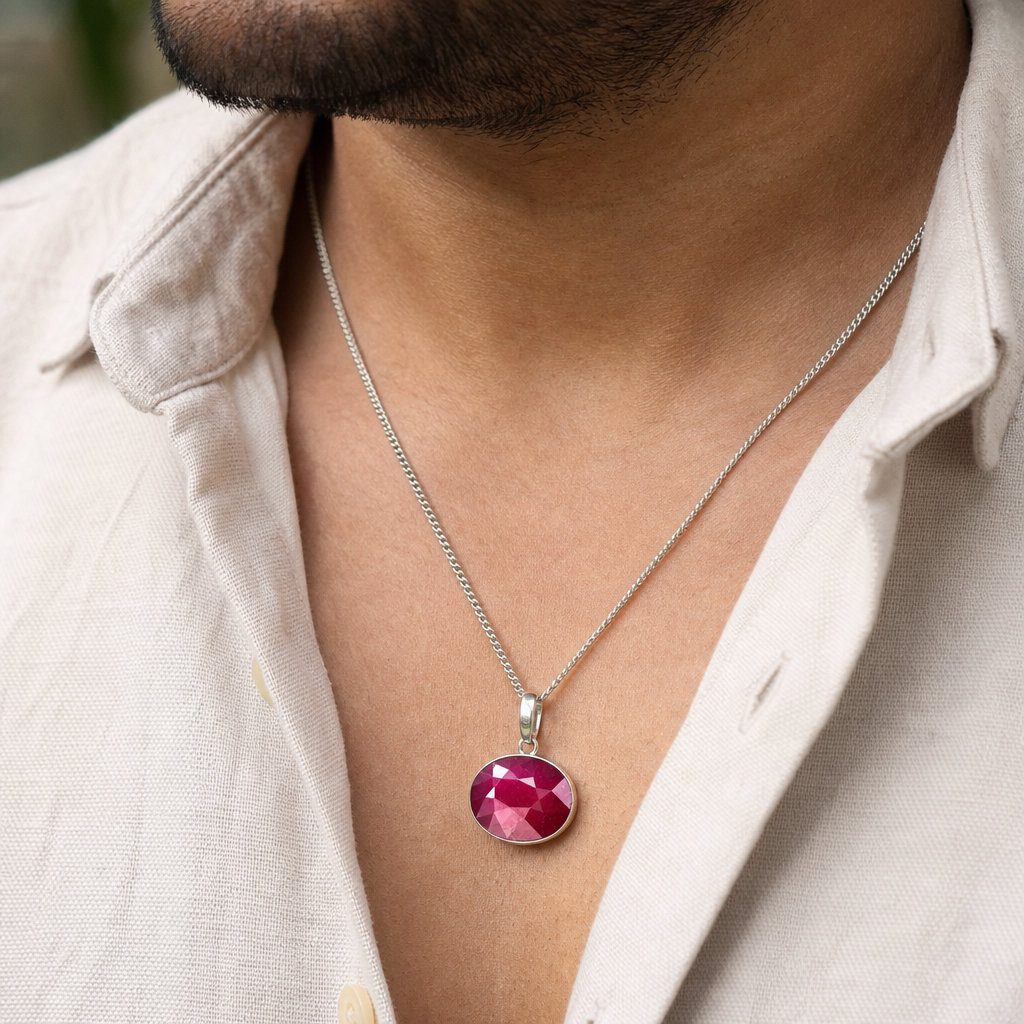 Ruby man wearing gemstone pendant