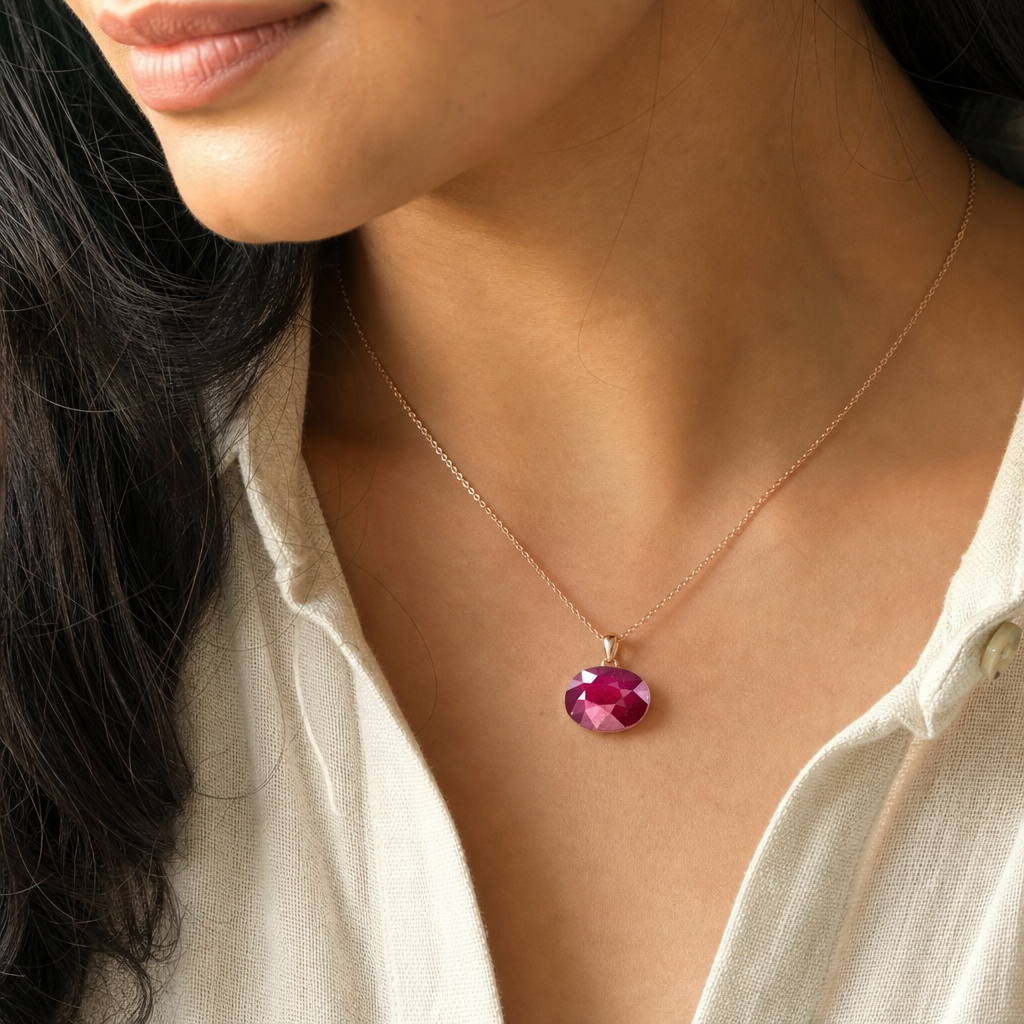 Ruby woman wearing gemstone pendant