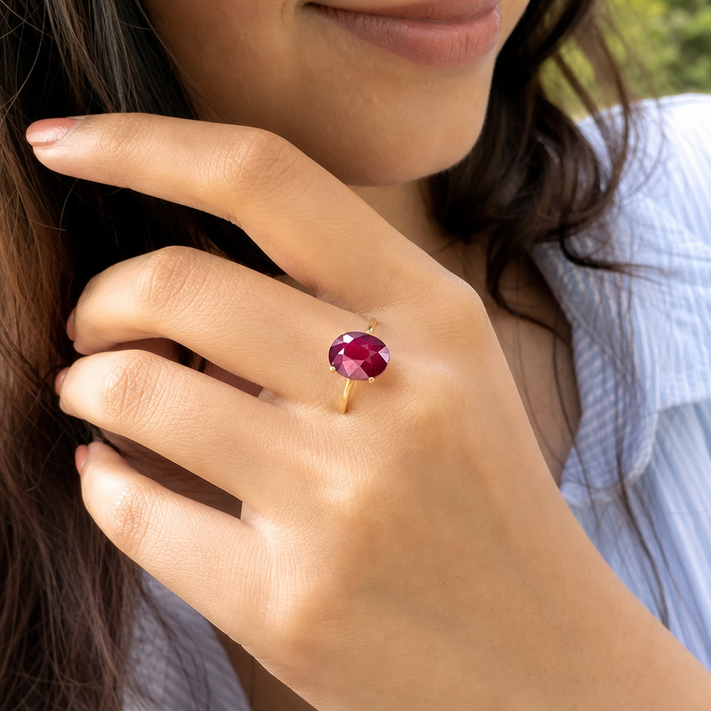 Ruby woman wearing gemstone ring