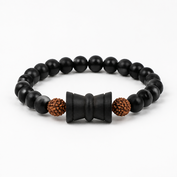 Rudraksha Karungali Healing Bracelet With Damru 8mm product display image