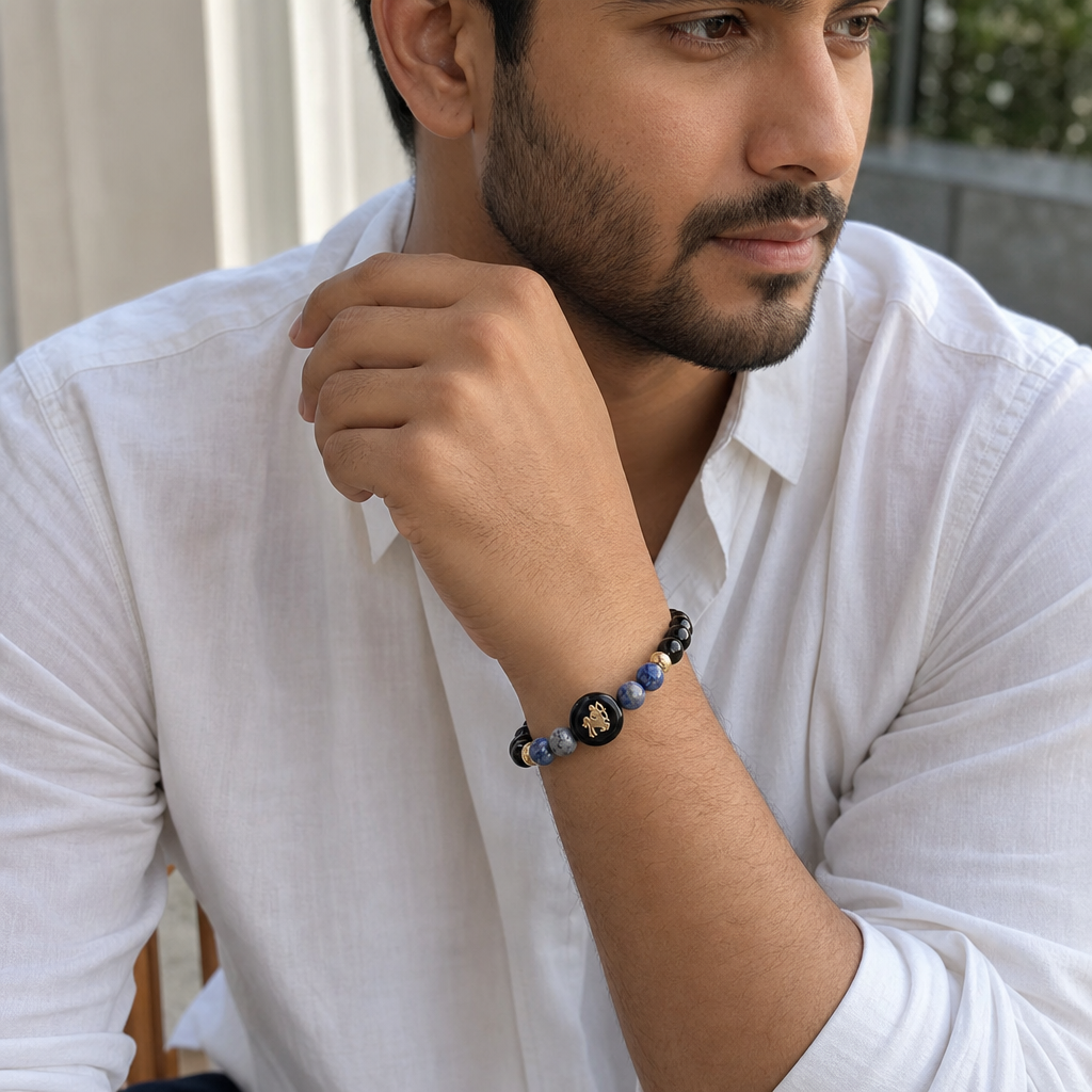 Man wearing Sagittarius (धनु राशि) Zodiac Black Obsidian & Lapis Lazuli Bracelet for Women