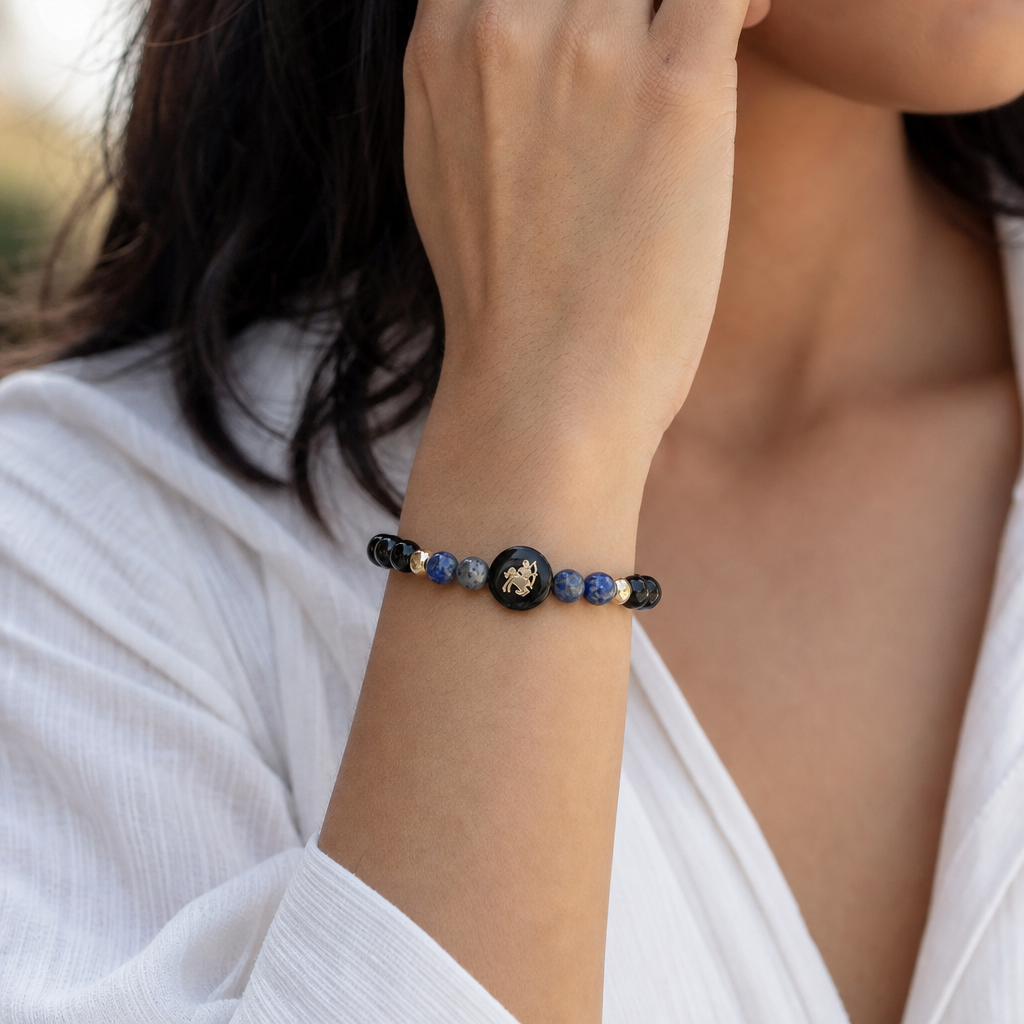 Woman wearing Sagittarius (धनु राशि) Zodiac Black Obsidian & Lapis Lazuli Bracelet for Women