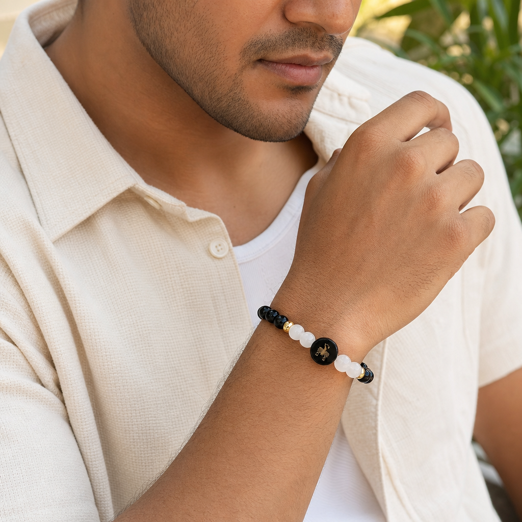 Man wearing Scorpio (वृश्चिक राशि) Zodiac Black Obsidian & Milky Quartz Bracelet for Women