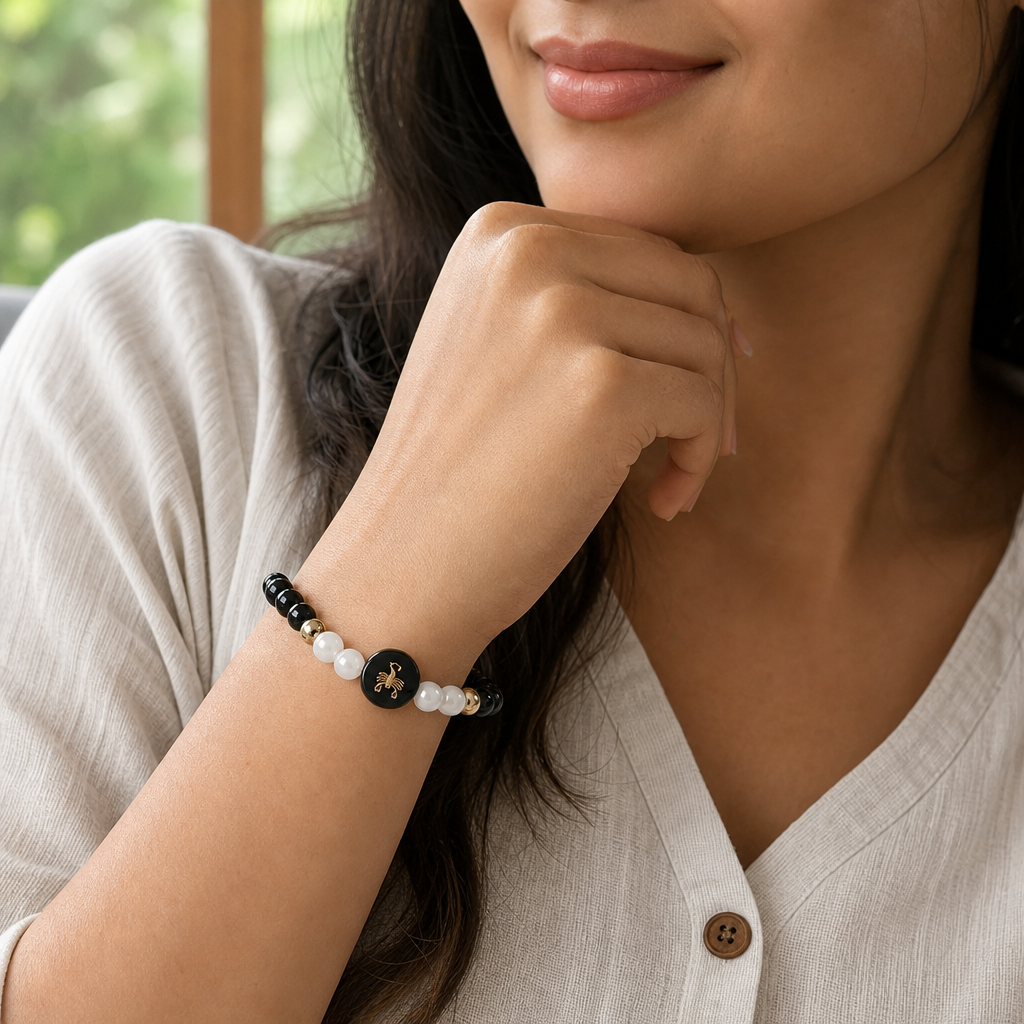 Woman wearing Scorpio (वृश्चिक राशि) Zodiac Black Obsidian & Milky Quartz Bracelet for Women