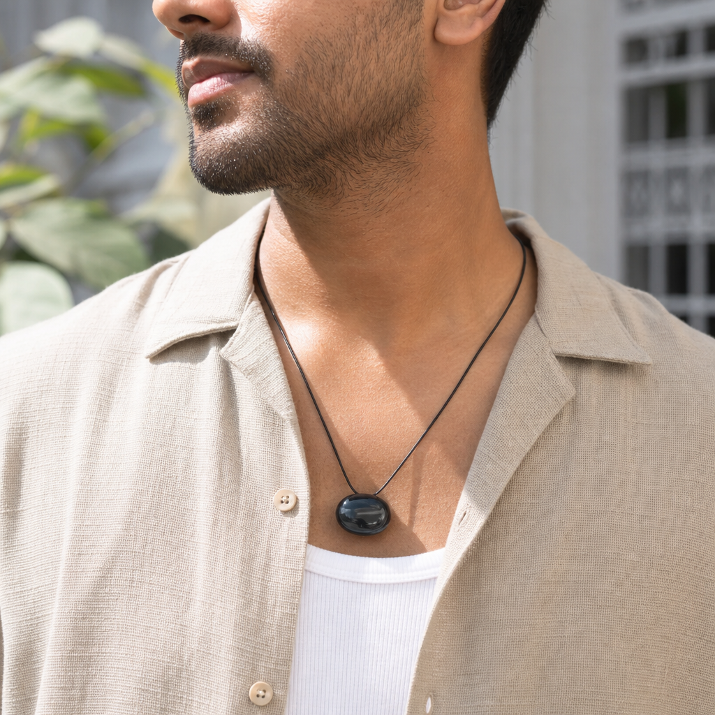 Sulemani Hakik man wearing gemstone pendant