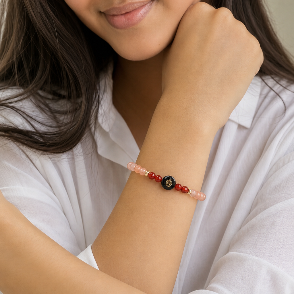 Woman wearing Taurus (वृषभ राशि) Zodiac Sunstone & Carnelian Bracelet for Women