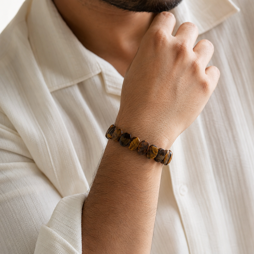 Man wearing Tiger-Eye Flat-Beaded Bracelet