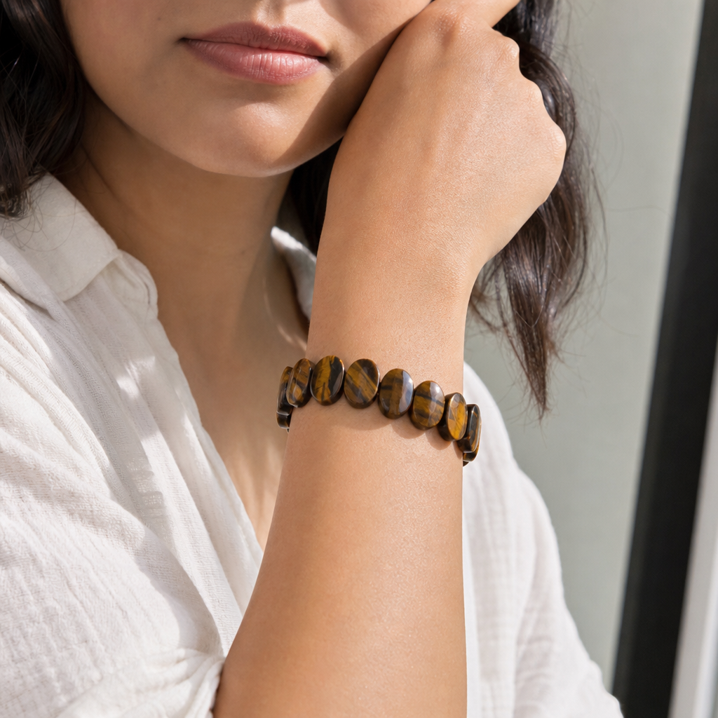 Woman wearing Tiger-Eye Flat-Beaded Bracelet