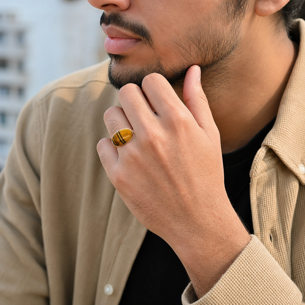 Tiger Eye man wearing gemstone ring