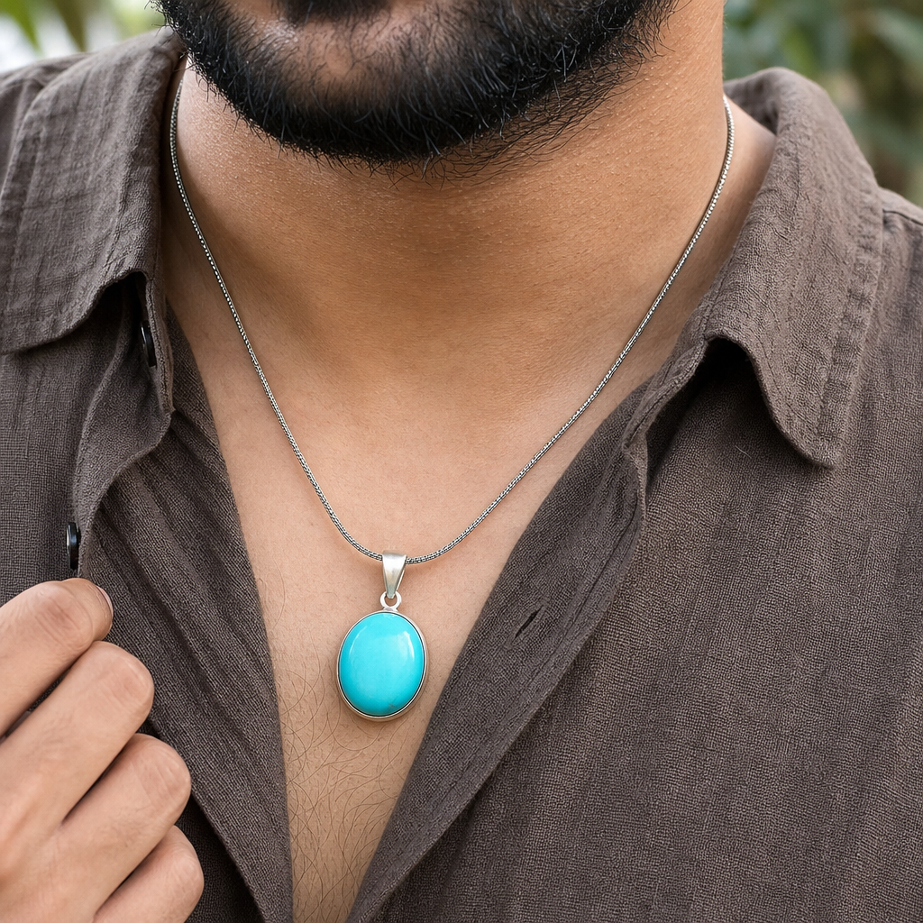 Turquoise man wearing gemstone pendant