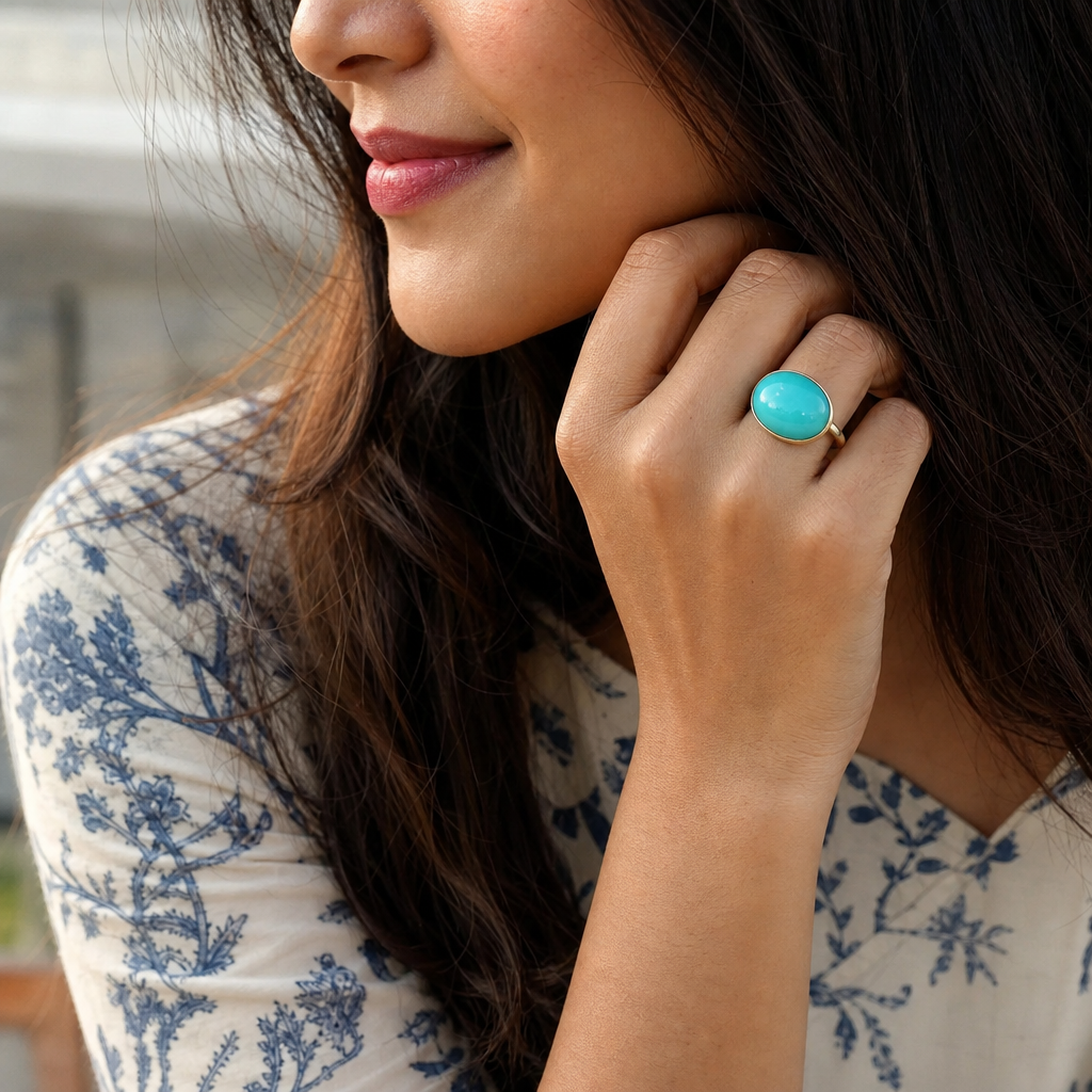 Turquoise woman wearing gemstone ring