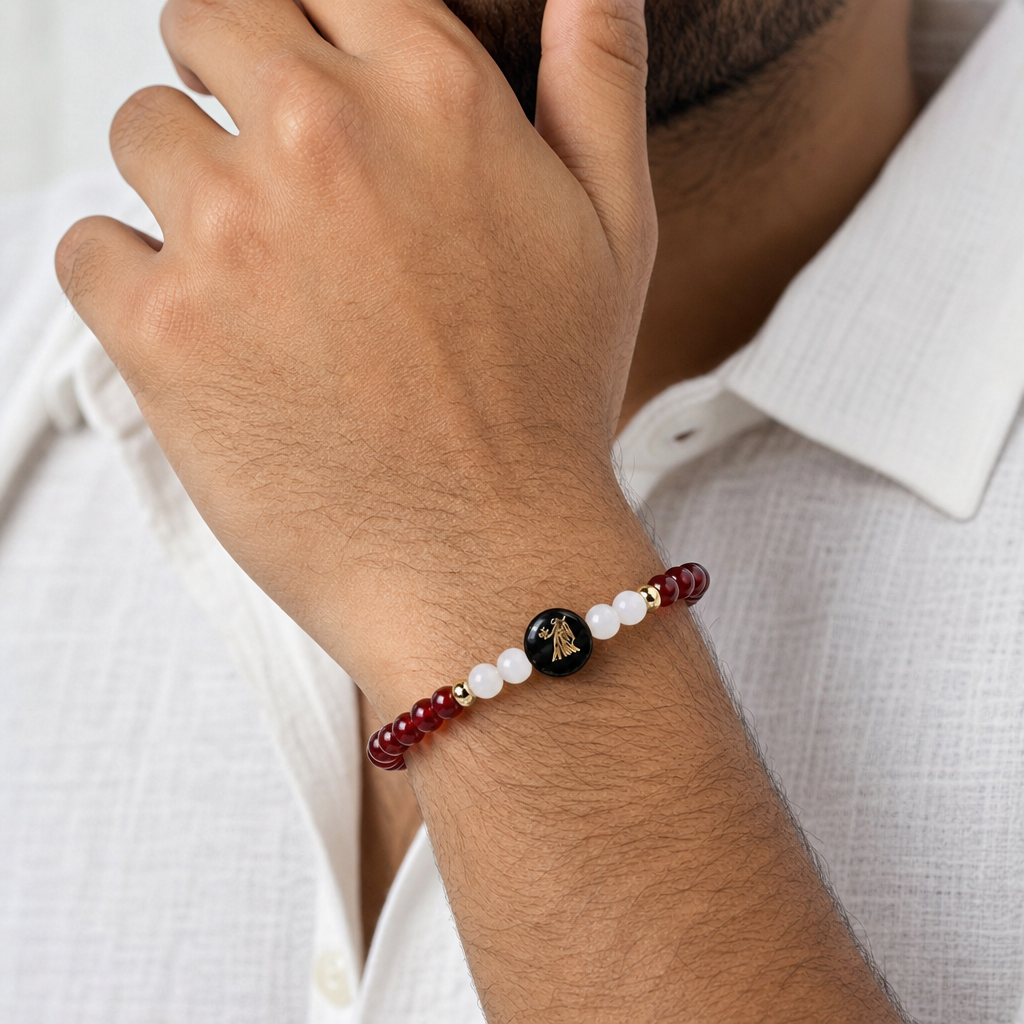 Man wearing Virgo (कन्या राशि) Zodiac Carnelian & Milky Quartz Bracelet for Women
