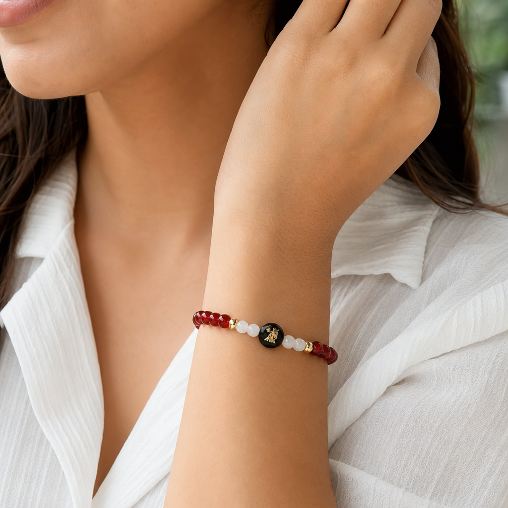 Woman wearing Virgo (कन्या राशि) Zodiac Carnelian & Milky Quartz Bracelet for Women