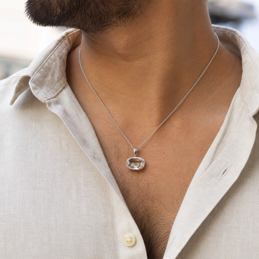 White Topaz man wearing gemstone pendant