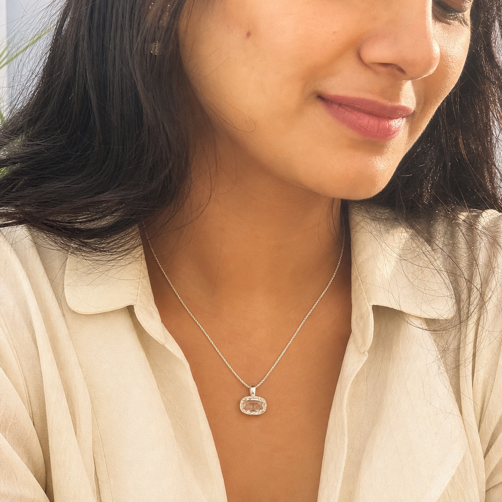 White Topaz woman wearing gemstone pendant