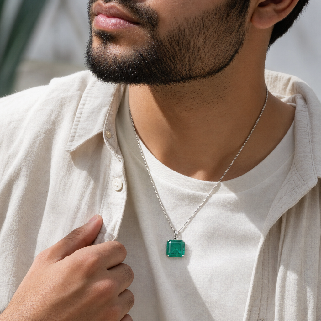 Zambian Emerald man wearing gemstone pendant