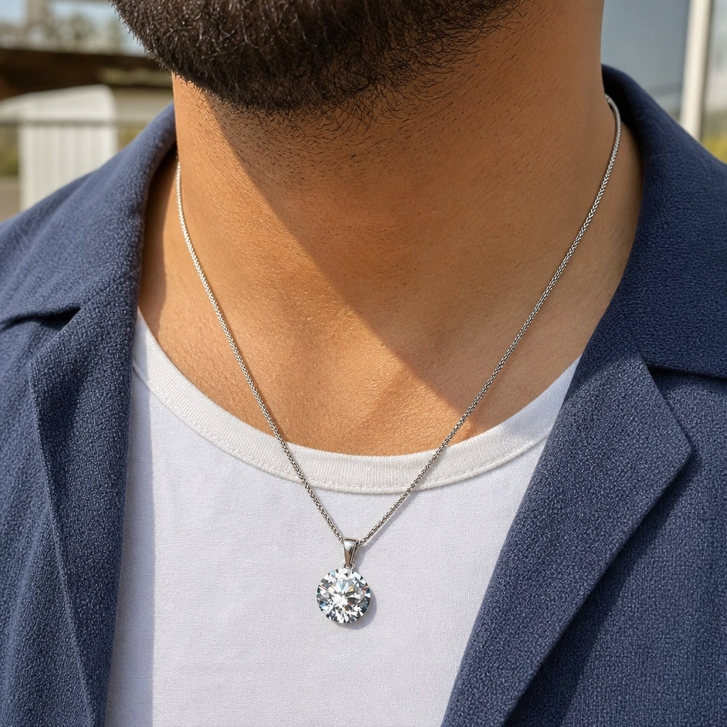 Zirconia man wearing gemstone pendant