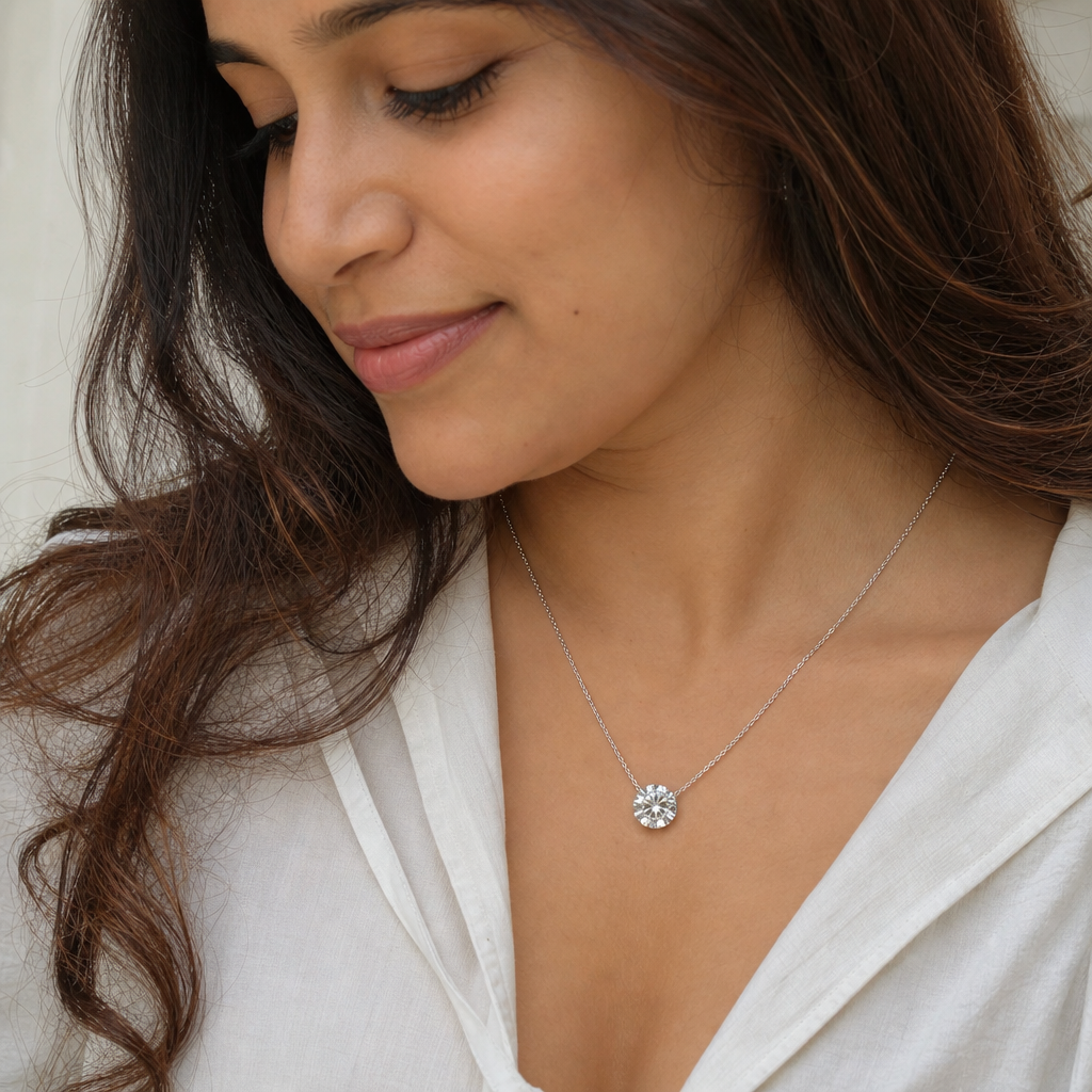 Zirconia woman wearing gemstone pendant